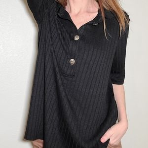 Free People Wide Ribbed Polo Style Black Shirt